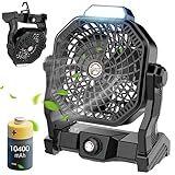 Portable Battery Operated Fan with LED Lantern, 10400mAh Outdoor Small Rechargeable Quiet Camping Fan, Personal Desk Fan Cooling Table Fan with Hanging Hook for Picnic Barbecue Fishing Travel (Black)