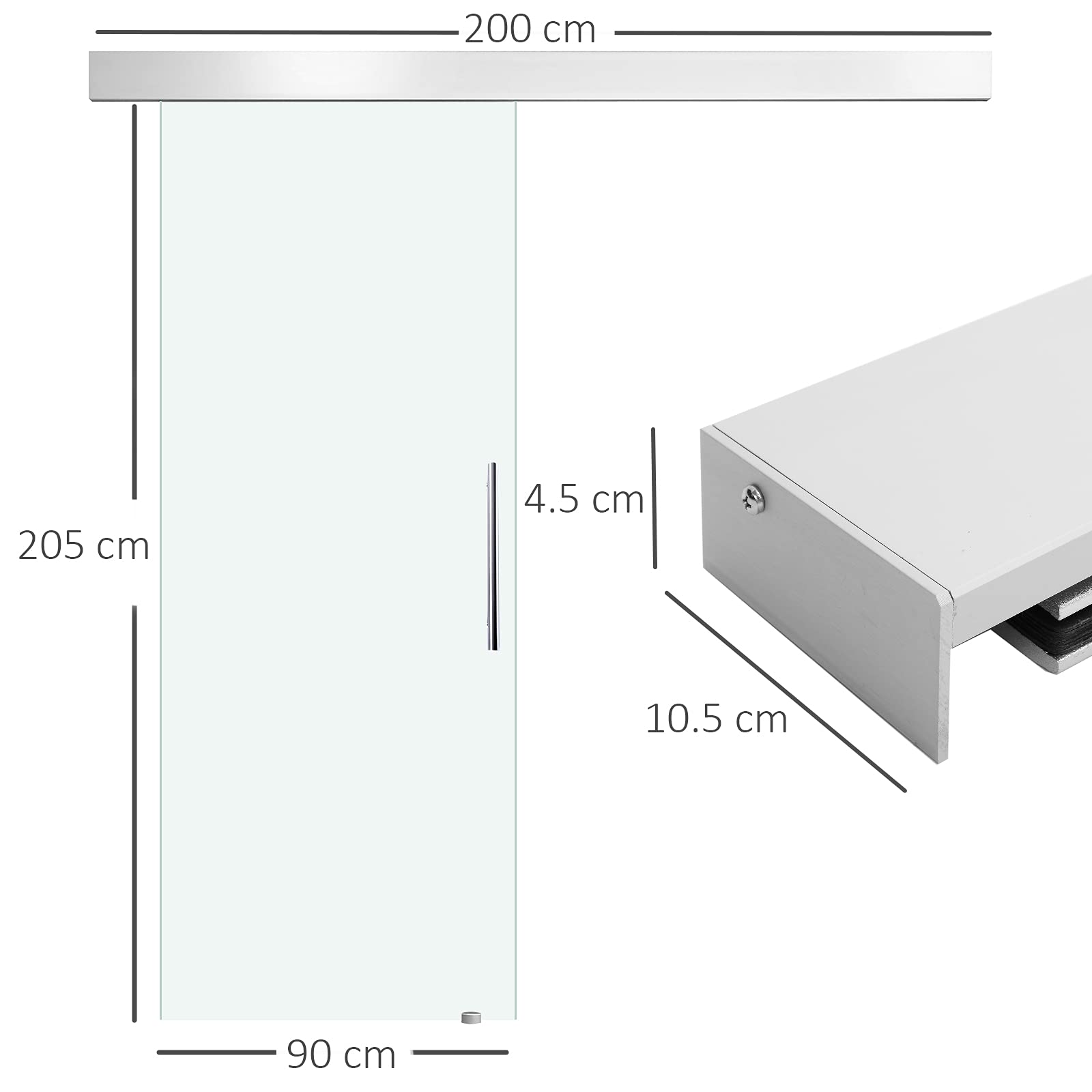 HOMCOM Porta Scorrevole Interna in Vetro Smerigliato con Binario e Maniglia per Bagno Cucina Studio 205 x 90 x 0.8cm