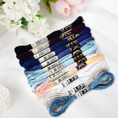 Image of 12 Skeins 105 Yards 6 Ply Embroidery Floss Blue Gradient Friendship Bracelet Variegated String Cord Mixed Color Cross Stitch Gradient Yarn Thread Set for Sewing Making Jewelry DIY Crafts