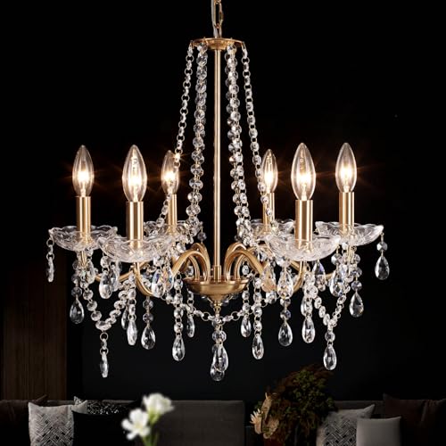 LXWNYY Moderne Lustres Cristal,Lustre Cristal Salon,Lustre Salon Baroque,Gouttelette Lustre Éclairage,pour Salon,Chambre, Cuisine, Couloir, Salle à Manger Living 6 E14,H 55 cm x W 50