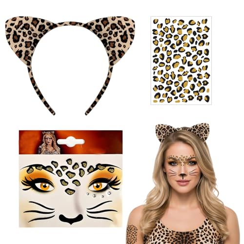 NieYat 3 Stück Leoparden Ohren Leoparden Kostüm Damen Leo Ohren Haarreif Gepard Gesichts Tattoo Leopardenmuster für Halloween Karneval und Cosplay
