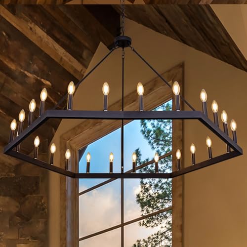 Wellmet Extra Large Chandeliers for High Ceilings, Black Farmhouse Chandelier 60" Diameter, 24 Light Hexagon Wagon Wheel Light Fixture for Foyer, Dining Room, Living Room