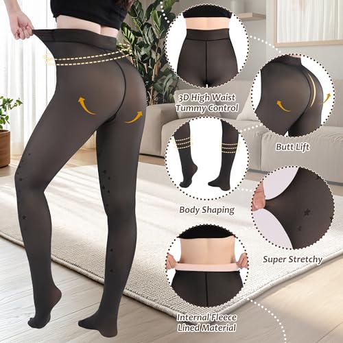 Image of Fleece Lined Tights Sheer Women,Fake Translucent Warm Pantyhose Leggings Sheer Thermal Tights for Women in Winter.