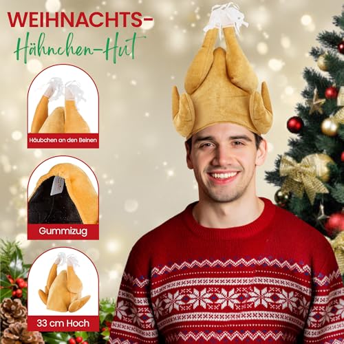 Weihnachtsmützen Erwachsene – 5 Stk. Lustige Hüte – Nikolausmütze, Hähnchen Hut, Weihnachtsmannbeine, Puddingmütze, gefüllter Truthahnhut, Weihnachtsmütze – Witzige Kostüme und Lustige Mützen im Set