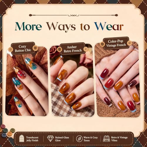 Image of Beetles Jelly Gel Nail Polish Set, Retro Glaze 6 Colors Fall Gel Polish | 9ML Amber Brown Blue Teal Burgundy Red Orange Sheer Gel Polish Kit with DIY Color Card Nail Charms Buttons Glitter for UV