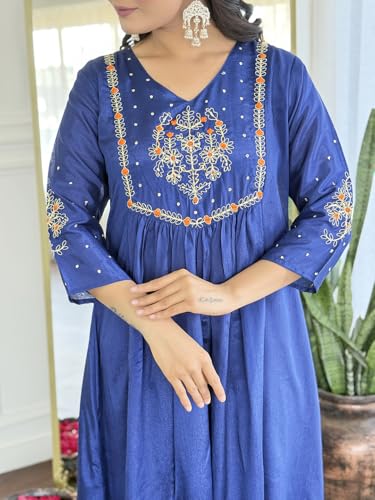 Image of Naixa Women's Silk Chiffon Embroidered A-Line Kurta with Rayon Pant and Silk Chiffon Laced Dupatta Sets (Available in Plus Size) (NX-661)