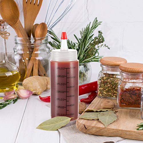 Condiment Squeeze Bottles, OAMCEG 22-Pack 4oz Durable Plastic Squeeze Squirt Bottle with Red Tip Cap and Discrete Measurements - for Ketchup, BBQ, Sauces, Syrup, Condiments, Dressings, Paint, and More