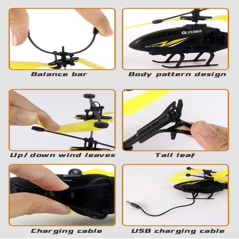 Image of Outdoor and Indoor Flying Helicopter with Hand Induction Watch | Electronic Radio RC Remote Control Toy | Charging Helicopter with 3D Light & Safety Sensor for Kids - Pack of 2