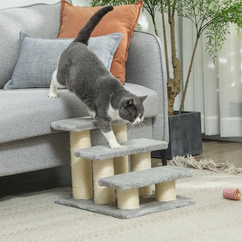 PawHut Pet Stairs 3-step Pet Ladder Cat dog Stairs Climb Ladder Cat Tree, Grey - Image 3