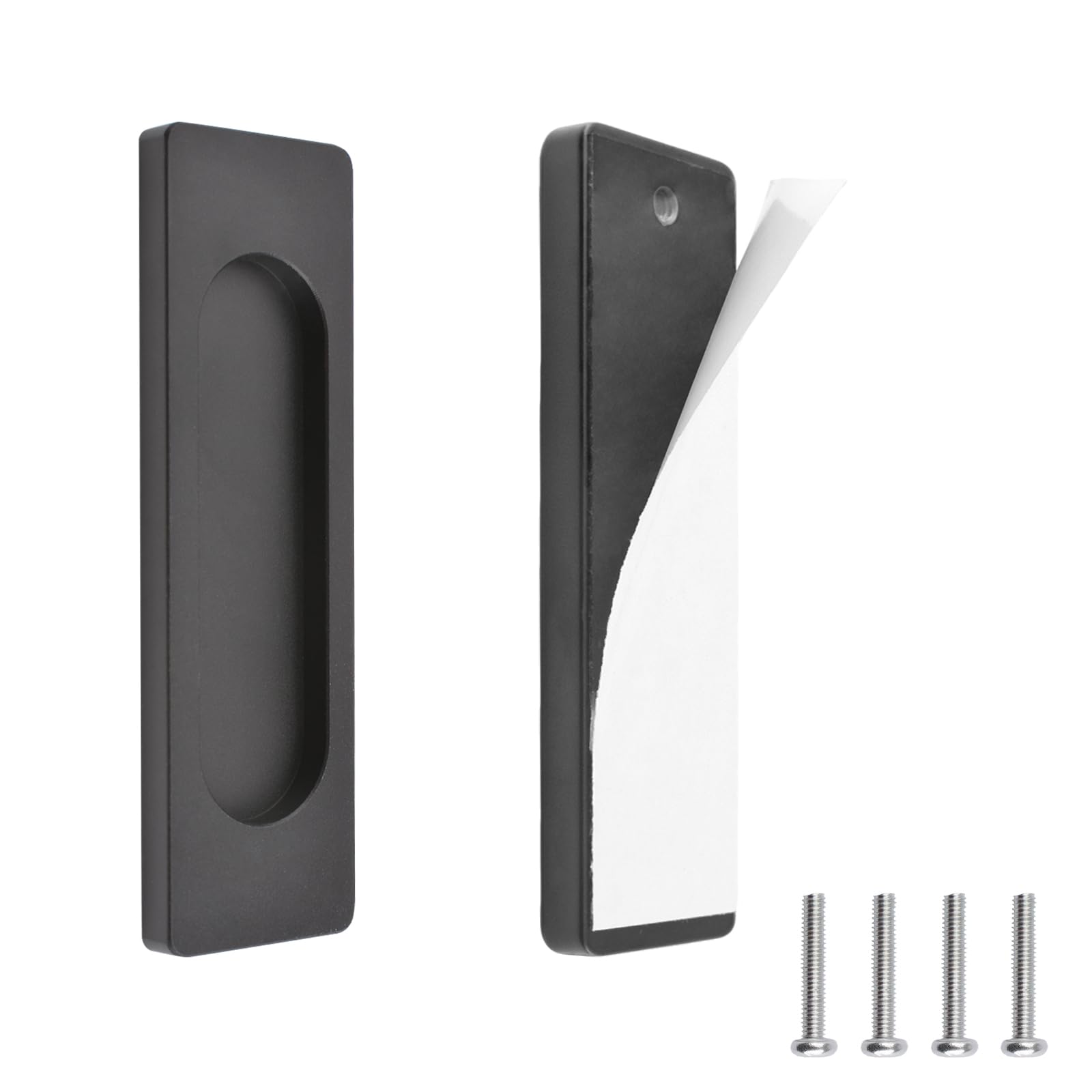 MOROBOR Self-Stick Rectangular Sliding Door Pulls, 2pcs Aluminum Alloy Flush Pull Punch-Free Handle for Sliding Barn Door Windows Cabinets (Matte Black, 100mm)
