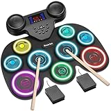 Electric Drum Set with 7-Color Dynamic LED Lights, 9-Pad Electronic Drum Set with Dual Speakers, Bluetooth MIDI, Portable Practice Drum Pad for Kids & Adult Beginners, Christmas Birthday Gift