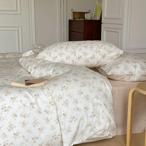 Image of MKXI White Garden Duvet Cover Beige Floral 100% Cotton Coquette Duvet Cover Queen Set Shabby Chic Aesthetic Bedding Vintage Comforter Quilt Cover Twin