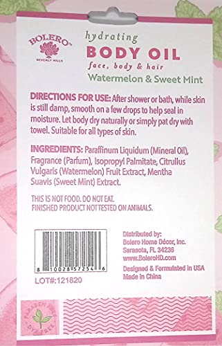 Bolero Beverly Hills Hydrating Body Oil - Watermelon & Sweet Mint All Skin Types 1Fl Oz. 30Ml #TOP1
