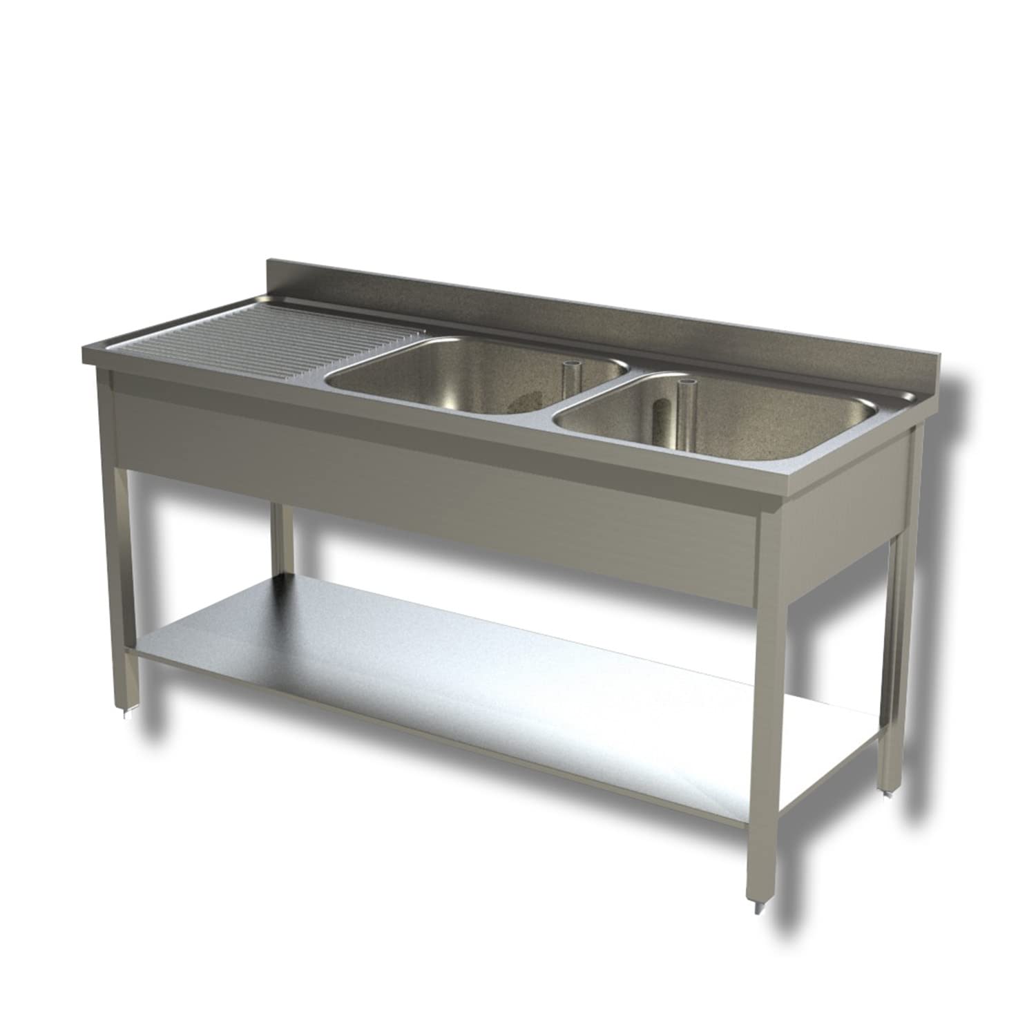 Ristoattrezzature Lavello in Acciaio Inox - Professionale, per Cucine Ristoranti e Pizzerie - 2 Vasche, Gocciolatorio a Sx - 140x70x85h