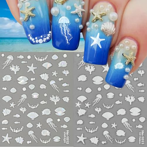5D Embossed Seashell Starfish Nail Art Stickers Summer Ocean Nail