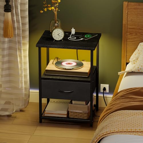 Nightstand Set of 2 with Charging Station, LED Lights, Fabric Drawers, PU Finish - Black