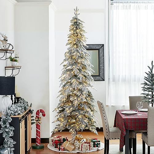 Glitzhome-9ft-Pre-Lit-Flocked-Pencil-Spruce-Artificial-Christmas-Tree-with-470-Warm-White-Lights-and-Sturdy-Metal-Stand-for-Home-Office-Party-Decoration Glitzhome 9ft Pre Lit Flocked Pencil Spruce Artificial Christmas Tree with 470 Warm White Lights and Sturdy Metal Stand for Home Office Party Decoration