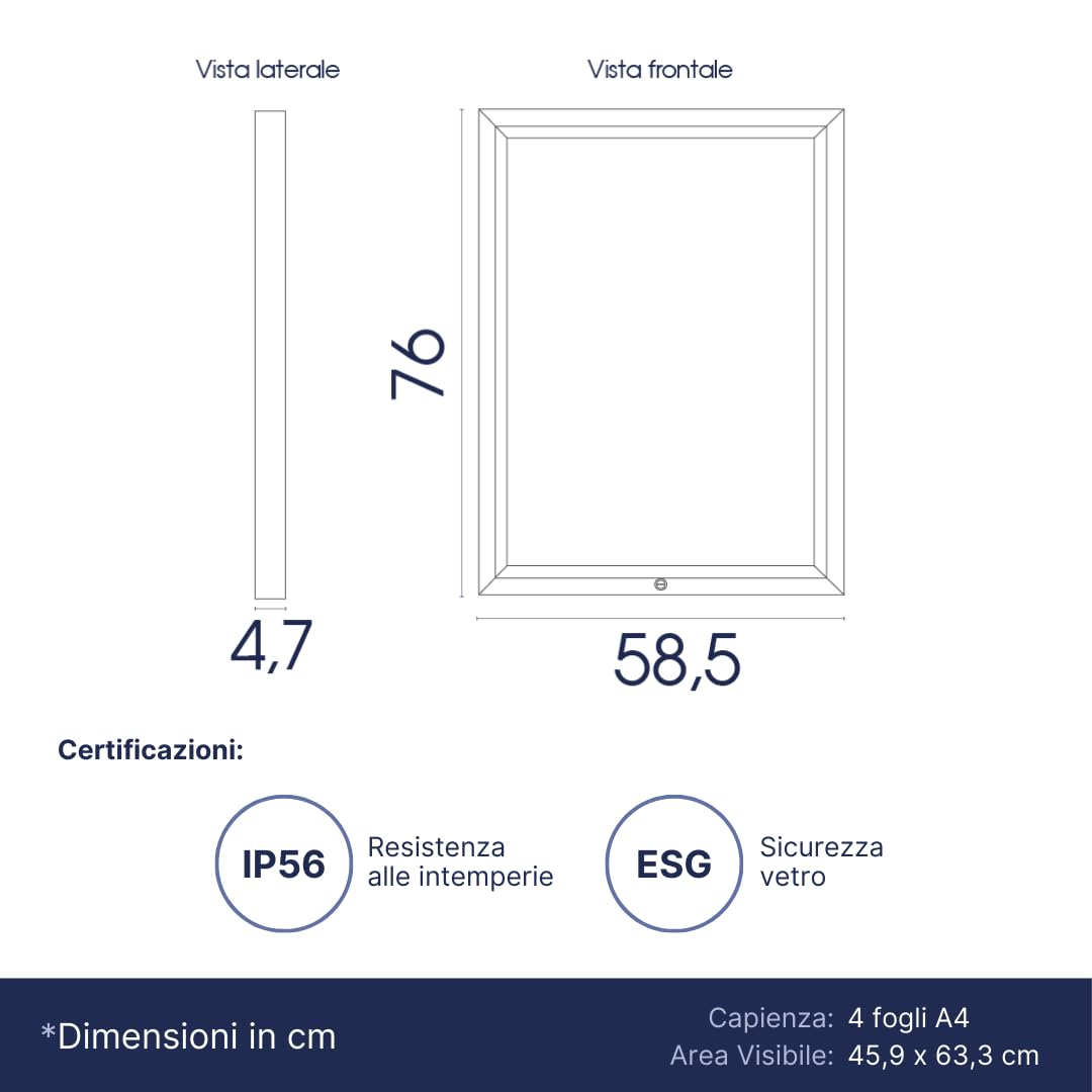 Danieli | Bacheca Certificata per Esterno 50x70 IP56, Vetro di Sicurezza, Ermetica e Antincendio |In Alluminio Colore Antracite, Magnetica con 2 Chiavi | Per Muri e Ringhiere (4xA4)