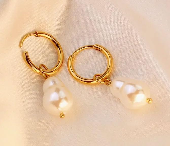 Gold Huggie Small Hoop Earrings with Pearl | Flower Drops | 18K Gold Plated Dangle Earrings for Women - Image 2