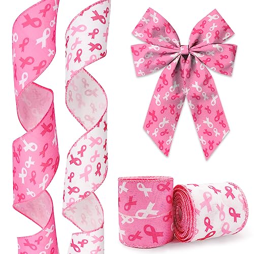 Hying 2 Rolls Breast Cancer Awareness Ribbons for Wreath Bows Wrapping Gifts White Pink Ribbon for Gift Wrapping Breast Cancer Awareness Party Decoration DIY Crafts 2.5 X 10 Yards Wired Edge Ribbon