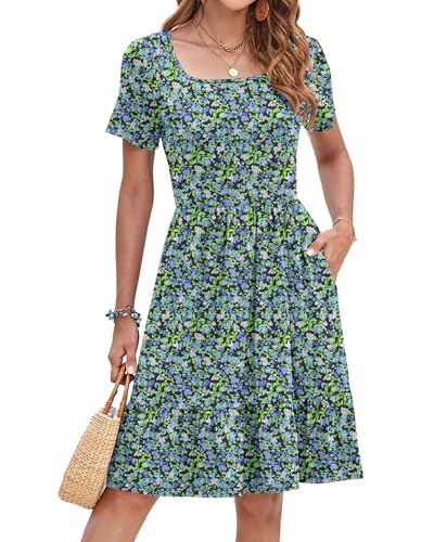 Image of AUSELILY Womens Summer Dresses 2025 Casual Short Sleeve Dress Square Neck A-Line Ruffle Sundress with Pockets