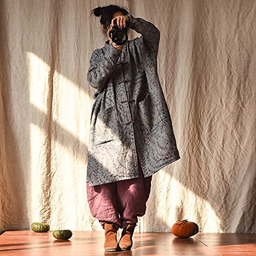 NFYM Women Cotton Linen Loose Windbreaker Button Down Vintage Print Retro Long Coat with Pockets3