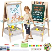 Kids Easel with Paper Roll Double-Sided Whiteboard & Chalkboard Wooden Art Easel Height Adjustable Standing Easel,Drawing Learning Board for Toddlers Boys Girls