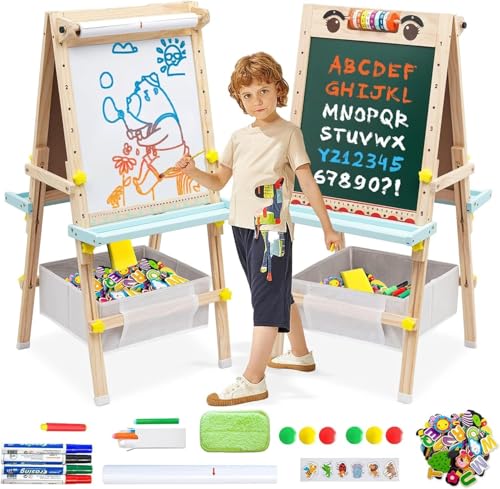 Kids Easel with Paper Roll Double-Sided Whiteboard & Chalkboard Wooden Art Easel Height Adjustable Standing Easel,Drawing Learning Board for Toddlers Boys Girls