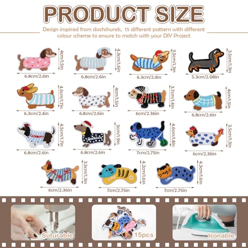 Aufnäher zum Aufbügeln, 15 Stück, verschiedene Dackelmuster, bestickt, kleine Bügelbilder, niedliche Hunde-Applikation, Aufkleber, Welpe, zum Aufnähen auf Jeans, Kleidung, Hut, Rucksack, Leinwand