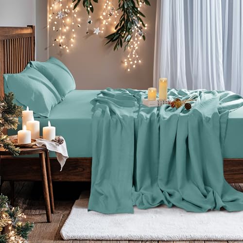 Image of 100% Pure Linen Sheet Set for Hot Sleepers, Breathable Natural Linen Sheets 4pcs, Bedding Set Deep Pocket Up to 16 inch Moisture-Wicking, Softens with Every Wash (Aqua Full)