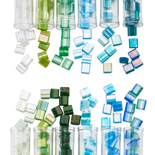 Pandahall 240Pcs Square Seed Beads 2-Hole Tila Beads 5mm Green Blue Flat Glass Seed Bead 12 Colors Mini Carrier Connector Bead for Jewelry Earring Making DIY Friendship Bracelets
