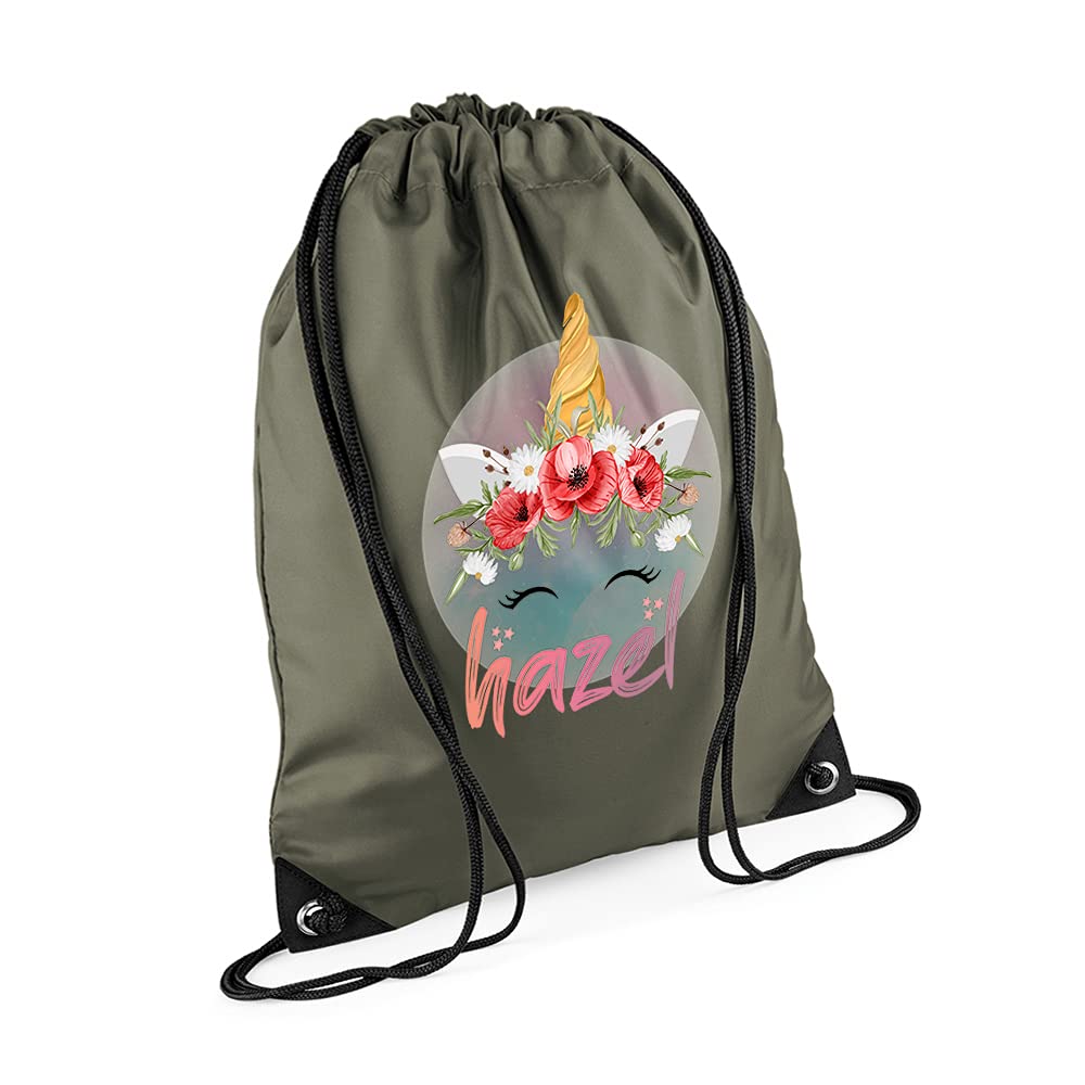 Personalised Unicorn Magicaly Stars Crown Castle Floral Girl ANY NAME Kids Birthda Back To School Drawstring Bag, PE Gym Kit, Swimming Rucksack. (Olive Green)