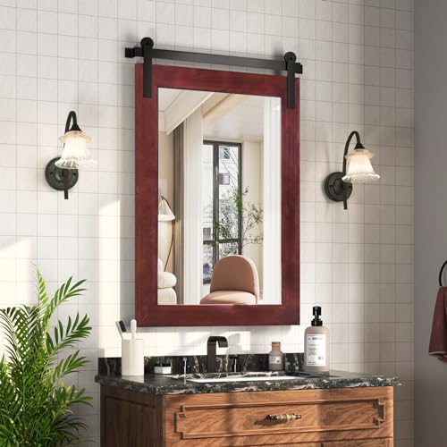 Image of COGOOD Farmhouse Barn Door Mirror - 25 x 38 Rustic Bathroom Mirror for Living Room, Entryway, Vanity Wall Decor (Espresso)