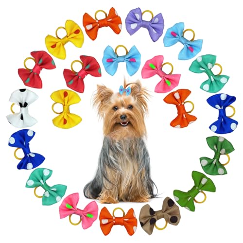 Dog Bows,20pcs Dog Hair Bows with Rubber Bands,Cute Puppy Small Bowknot Hair Bows for dogs girl,Handmade Puppy Hair Bows for Dogs Female,Mix Colors Dog Ear Bows for Holiday Daily Dog Hair Accessories