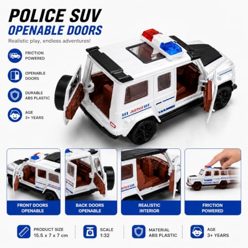 Image of 1:32 Scale G-Wagon Police Toy Car - Friction Powered ABS SUV with Openable Doors - Mini Collectible Police Vehicle for Kids, Boys & Enthusiasts (White)
