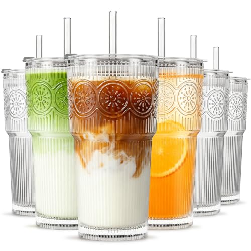 Image of INSETLAN 20 oz Ribbed & Floral Glass Tumbler with Straw, Set of 6 Cups | Iced Coffee Cups with Lids, Reusable Drinking Glasses for Water, Smoothies, Tea, and Juice - Ideal for Travel & Daily Use
