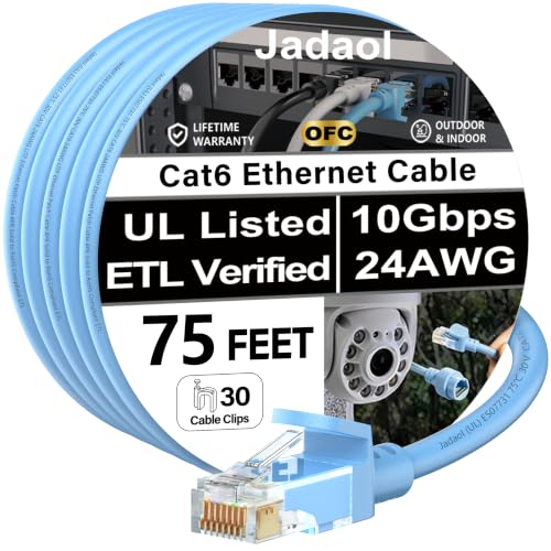 Image of Jadaol [UL Listed Cat6 Ethernet Cable 75 ft with Clips 10Gbps PoE++, Blue