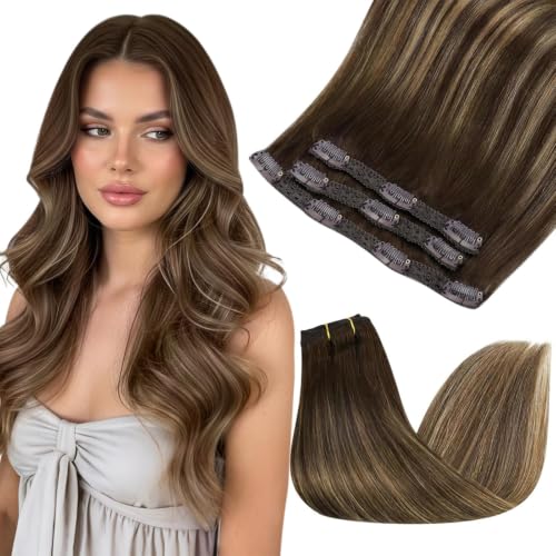 Image of Sunny Hair Clip in Hair Extensions Real Human Hair Brown Balayage | 20 Inch Real Human Hair Clip in Extensions Medium Brown Balayage Caramel Blonde with Natural Flow for Wedding Guest Hair 85g