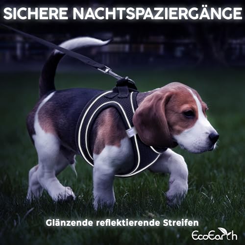 Hundegeschirr + Leine - Mittelgroß, Schwarz - Weich gepolstert, No Pull Design Haustiergeschirr + Reflektierende Streifen für Kleine + Mittelgroße Hunde - von EcoEarth