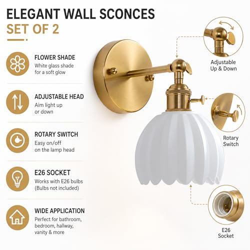 Image of 1-Light Gold Brass Bathroom Light Fixture,Wall Sconces set of 2,Brushed Gold Vanlity Light Over Mirror,Bathroom Vanity Light with White Tulip Glass Flower Shade,E26 Socket(Bulbs Not Included)