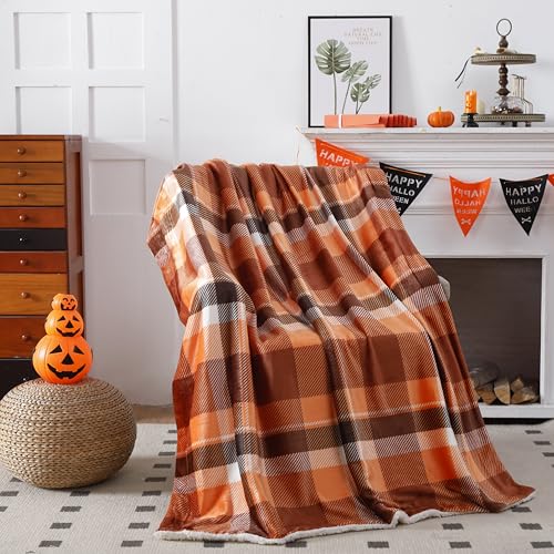 Fall Plaid Throw Blanket 50"x60",Autumn Orange Rust Room Decor Soft
