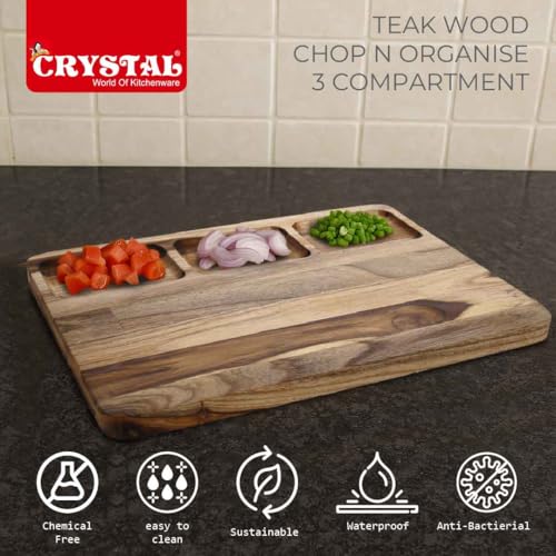 Image of Crystal Teak Wood Chopping Board with 3 Compartments | Chop & Organise | Perfect for Vegetables, Fruits & Bread | Large (35 * 25 * 1.8 Cm) | Handcrafted & Eco-Friendly Reversible Cutting Board