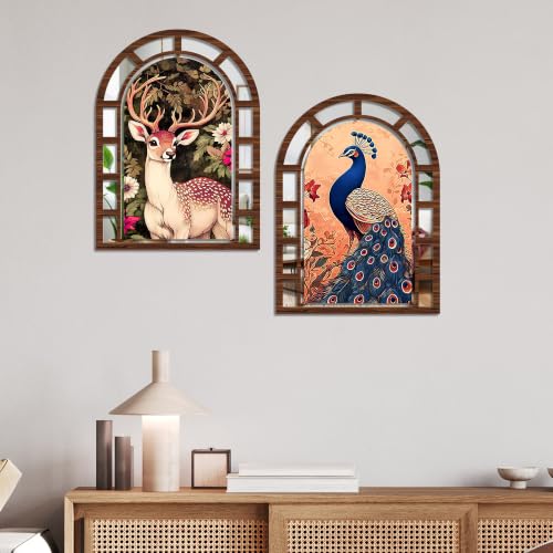 Image of Artvibes Royal Peacock & Deer Forest Theme Artistic Wall Decor | Jharokha Mirror Wall Hanging for Living Room, Hall, Bedroom, Dining Room, Foyer & Entranc | Gift (WHJ 12042N), Set of 2