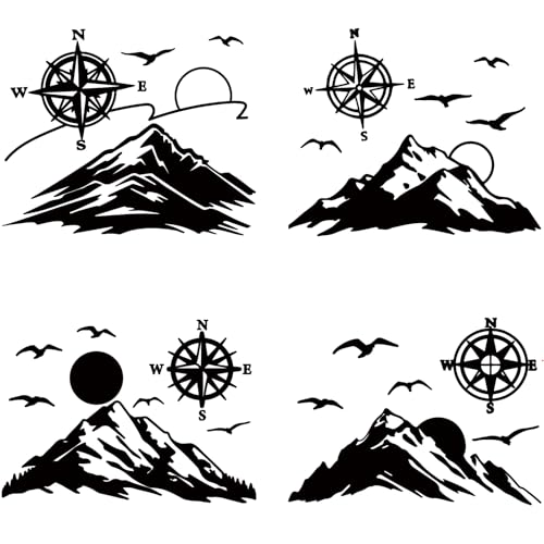 GORGECRAFT 4 Unidad de Calcomanía de Montaña de 4 Estilos con Brújulas para Coche 20x20cm Negra Impermeable Autoadhesiva con Pájaros del Amanecer Reflectante para Exterior de Coche para Parachoques