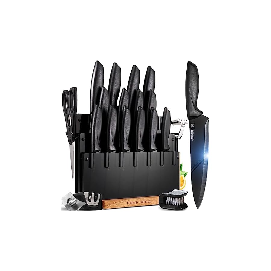 Home Hero Kitchen Knife Set with Sharpener - High Carbon Stainless Steel Knife Block Set with Ergonomic Handles (20 Pcs - Black)