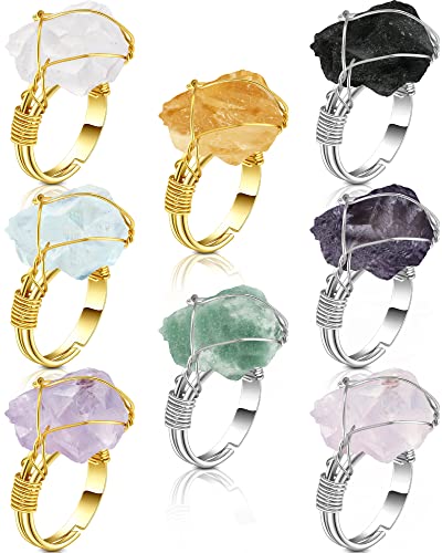Sureio 8 Pieces Chakra Crystal Ring Healing Crystal Ring Adjustable Gemstone Rings Copper Wire Wrapped Irregular Colorful Gem Rings for Women(Silver and Gold Ring)