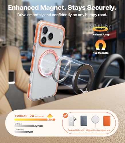 Image of TORRAS 360 Magnetic Stand for iPhone 17 Pro Max Case, [Fit for MagSafe] [4X Military-Grade Protection] Slim Case for iPhone 17 Pro Max 6.9 inch 2025, Clear-Orange, Ostand O3 Fitness Series