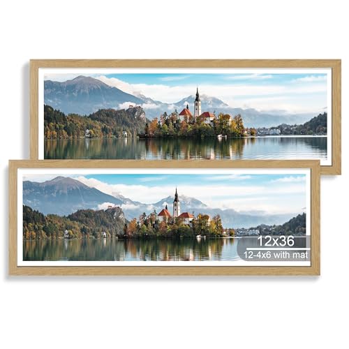 Hongkee 12x36 Picture Frame 2 Packs Real Glass and Natural Oak Wood Frame Display Collage Pictures Twelve 4x6 With Mat or Pennant 12 x 36 Without Mat - Horizontal or Vertical Wall Mounting