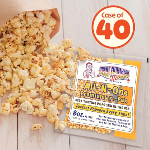 Movie Theater Style 40-Count Popcorn Packs - Pre-Measured 8-Ounce All-in-One Kernel, Salt, Oil Packets for Popping Machines by Great Northern Popcorn