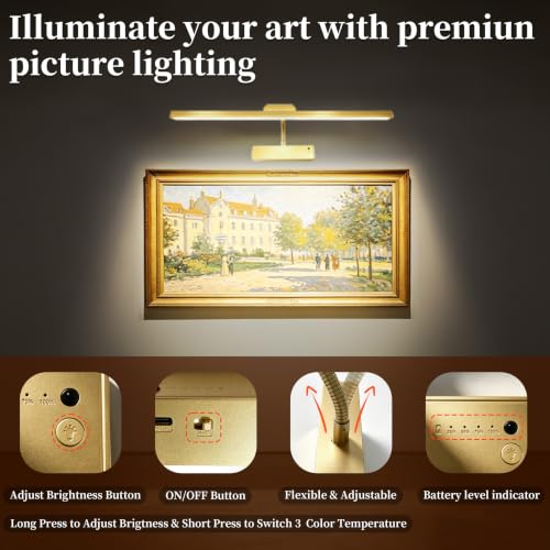 Image of MIOBLUE Picture Light for Wall, 4800mAh Rechargeable Wireless Remote, 15in Dimmable Timer LED Art Display Light with 3 Color Modes for Gallery, Dartboard, Living Room, Bedroom, Hallway-Gold
